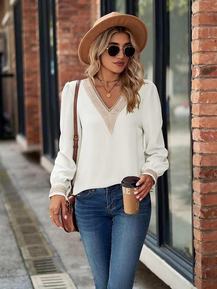 V - Neck Long Sleeve Blouse - VILLA FASHION